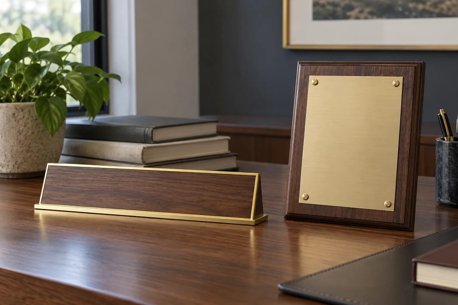 Blank brass desk nameplate and recognition plaque in an office