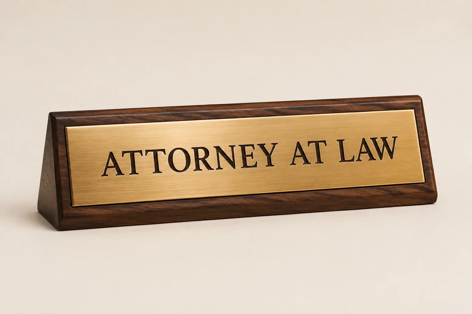 Walnut attorney desk nameplate with a brushed brass inset.