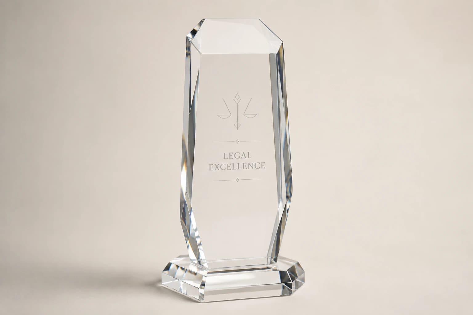 Faceted clear acrylic legal-excellence award on a hexagonal base.