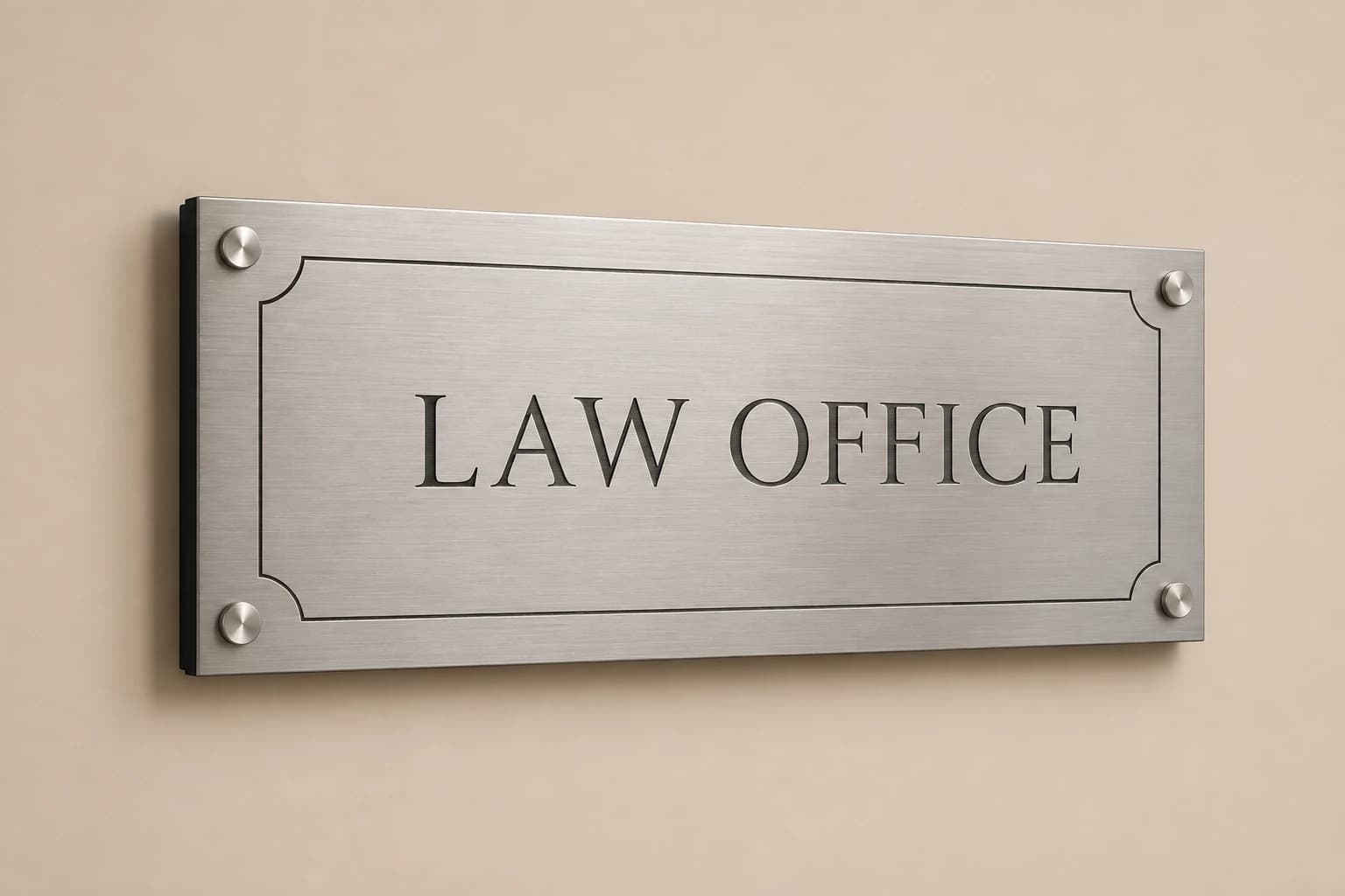 Brushed aluminum law-office plaque with a fine border and standoffs.