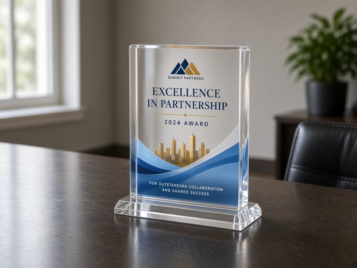 Full-Color Firm Recognition Award design concept in a presentation setting