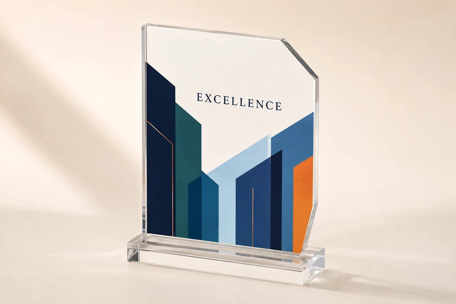Full-color acrylic recognition award with original navy and teal architectural artwork.