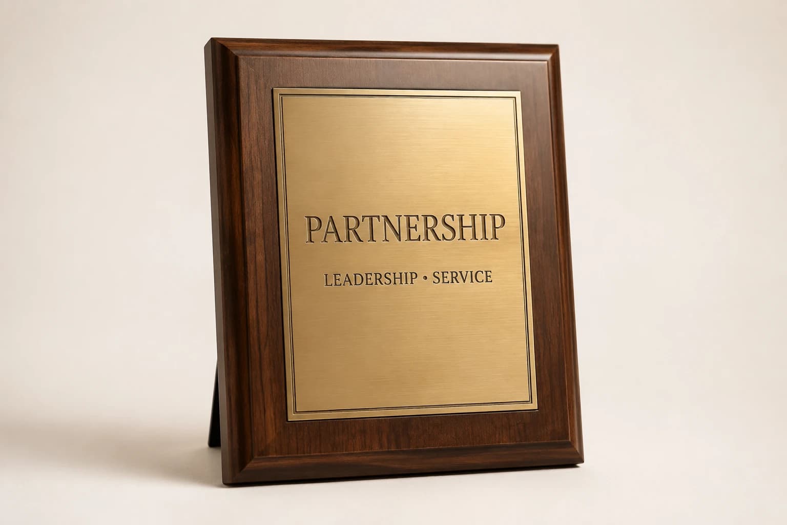 Beveled walnut partnership plaque with a brass recognition plate.