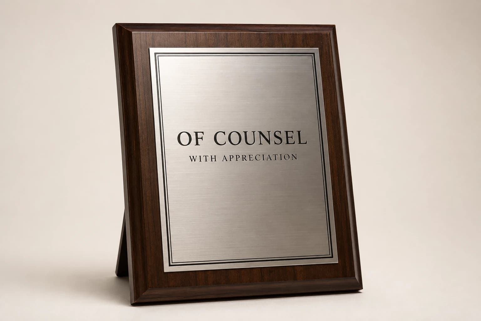 Walnut of-counsel plaque with a brushed silver appreciation plate.
