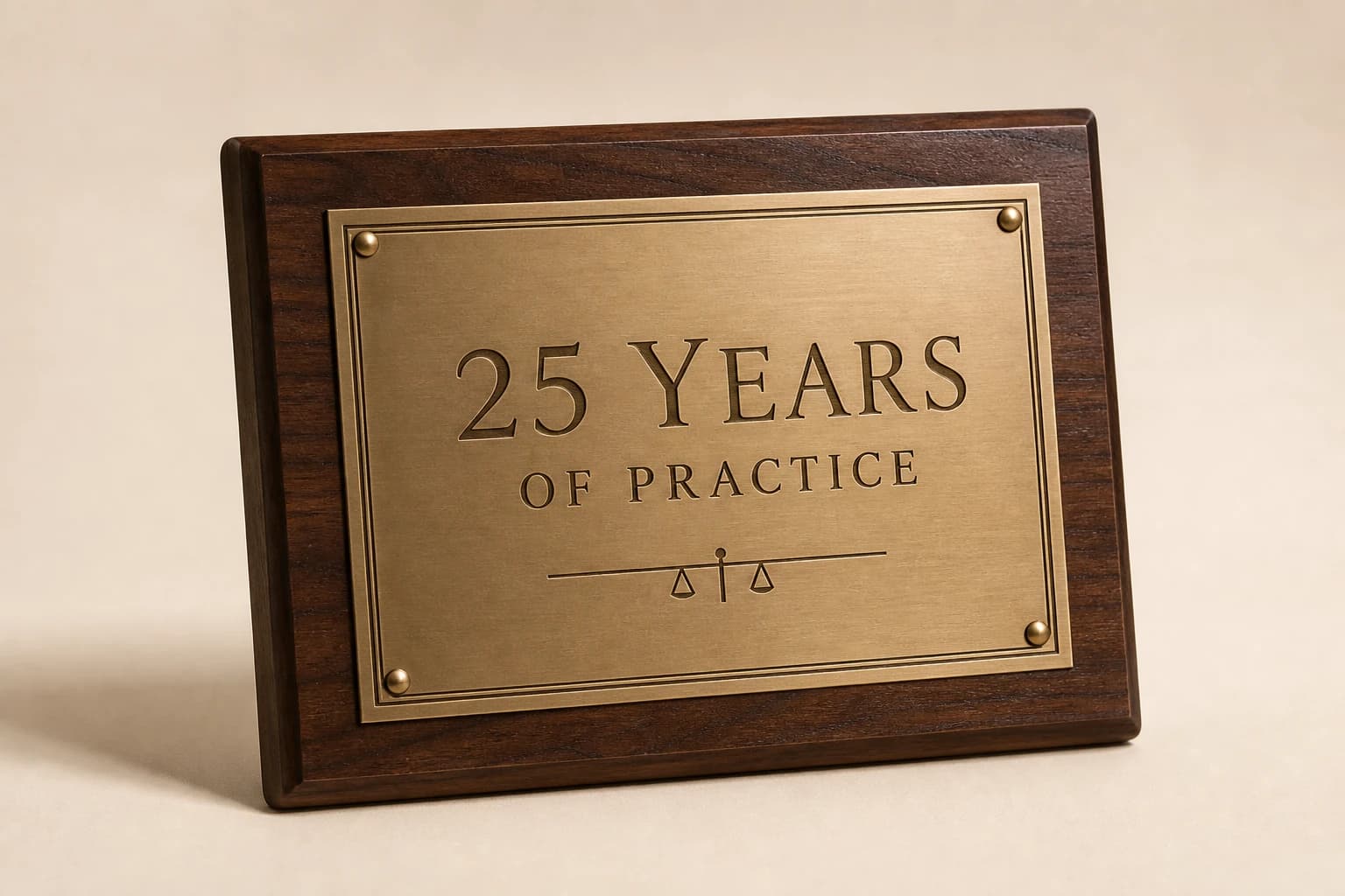 Walnut legal practice milestone plaque with a satin bronze plate for 25 years.