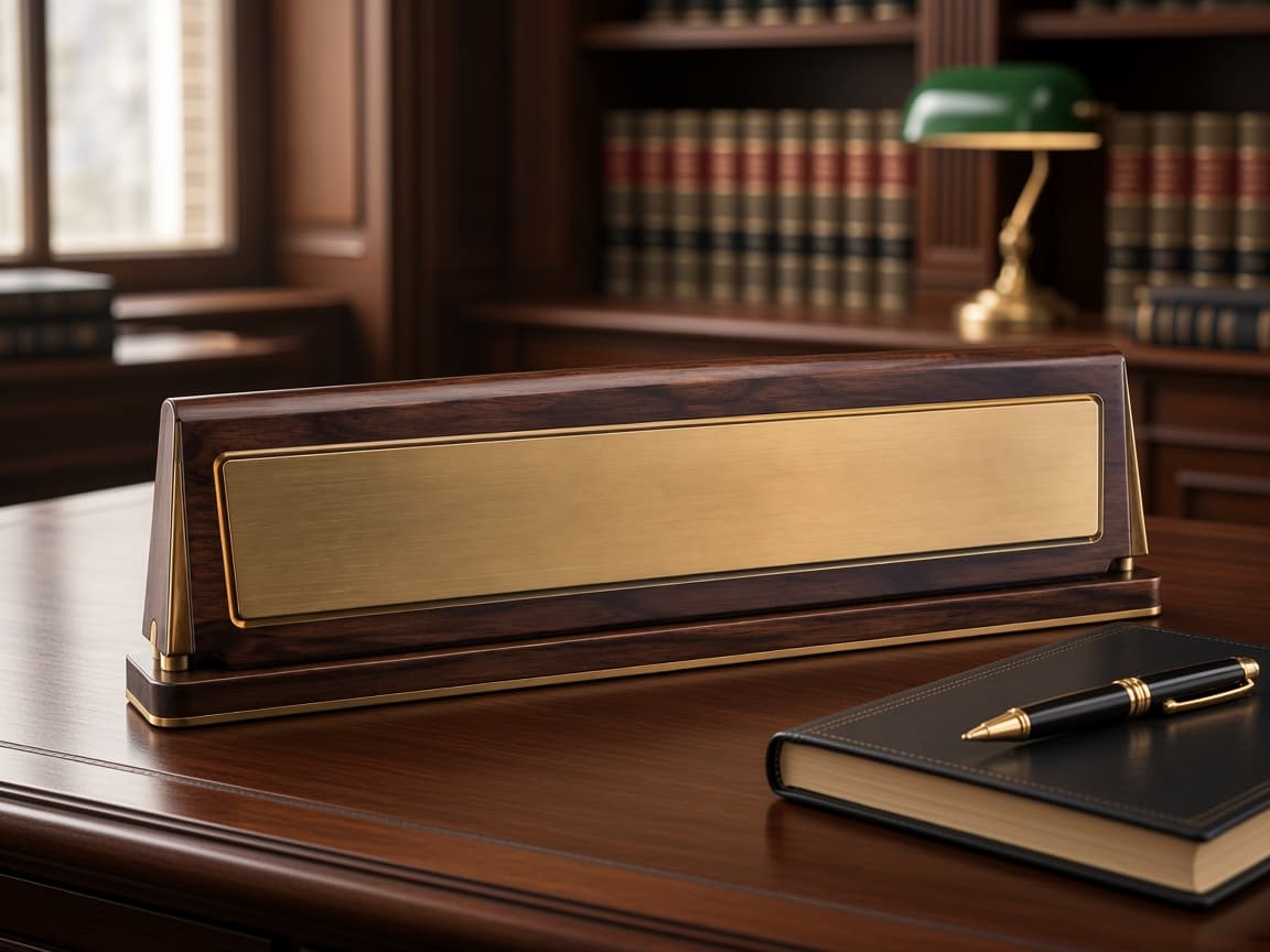 Attorney Desk Nameplate design concept beside everyday objects for scale