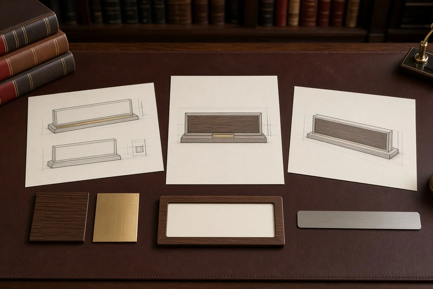 Design planning concept for a Attorney Desk Nameplate: sketches, material swatches and a blank sample shape