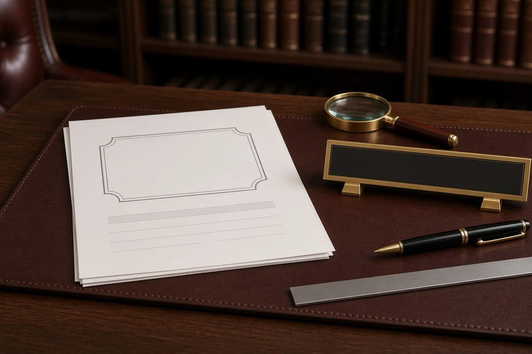 Proof review concept: a full-size layout checked against a blank Attorney Desk Nameplate