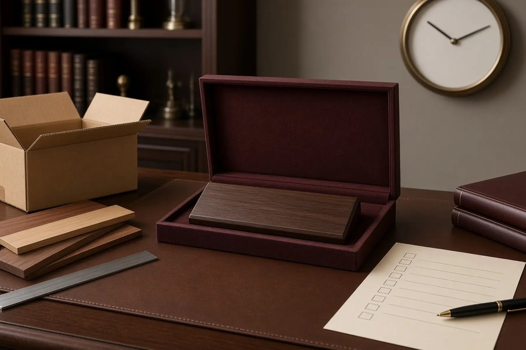Rush planning concept: a Attorney Desk Nameplate, carton and checklist arranged around an arrival date