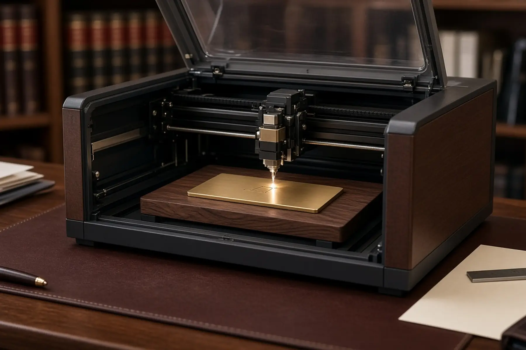 Engraving concept: a blank plate for a Attorney Desk Nameplate inside an enclosed marking machine