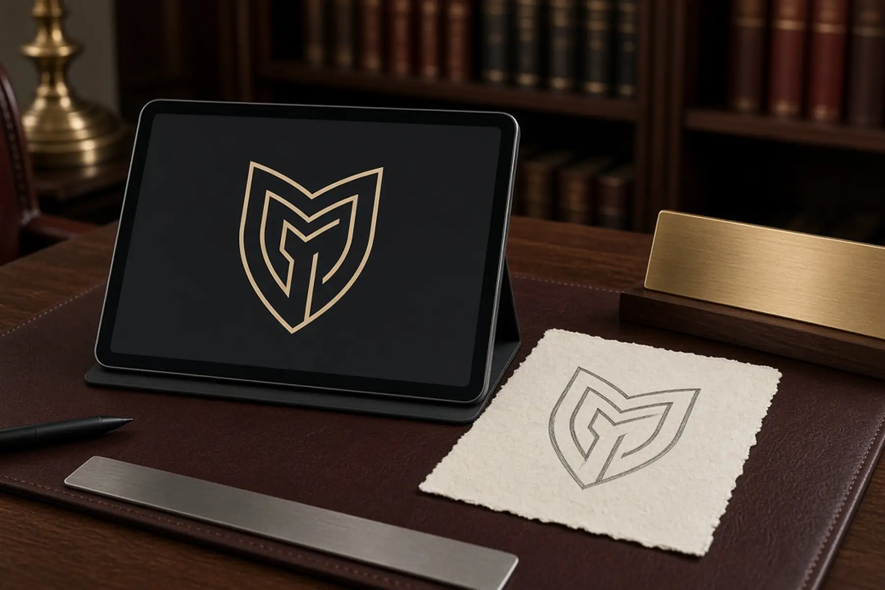 Artwork preparation concept: a simple emblem converted to clean outlines for a Attorney Desk Nameplate